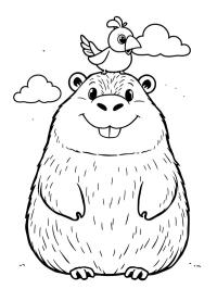 Capivara com um pássaro na cabeça