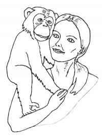 Chimpanzé no ombro da mulher