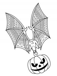 Morcego de Halloween voando com abóbora