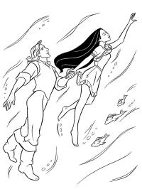 John Smith e Pocahontas na água