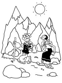 Popeye e Olívia Palito caminham pelas montanhas