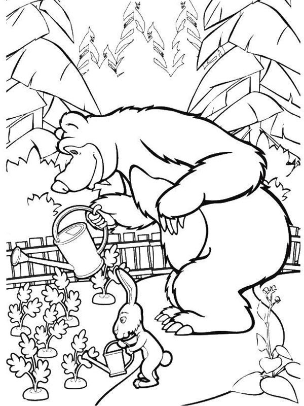 O urso e o coelho regando as flores Desenho para Colorir O urso e o coelho regando as flores Desenho para Colorir