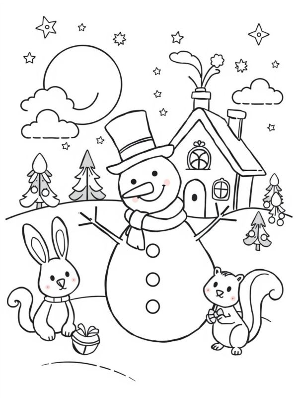 Animais perto do boneco de neve Desenho para Colorir Animais perto do boneco de neve Desenho para Colorir