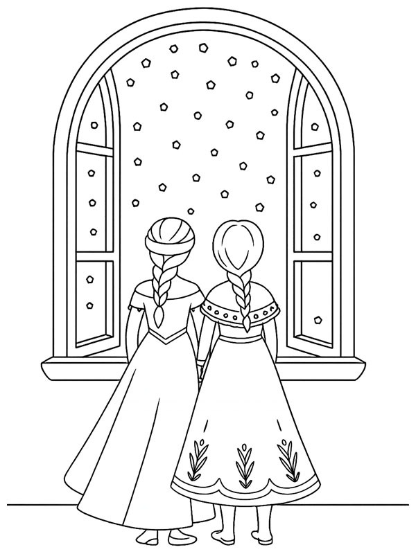 Elsa e Anna assistindo a neve cair Desenho para Colorir Elsa e Anna assistindo a neve cair Desenho para Colorir