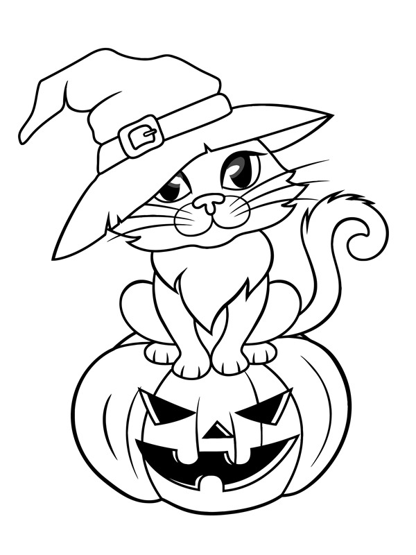 Gato de Halloween com chapéu de bruxa Desenho para Colorir Gato de Halloween com chapéu de bruxa Desenho para Colorir