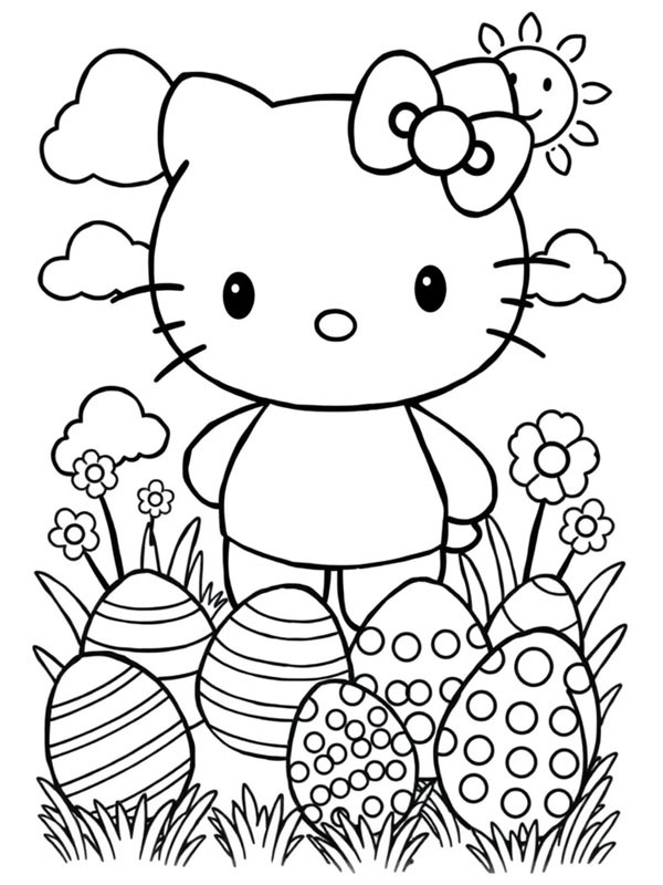 Hello Kitty com ovos de Páscoa Desenho para Colorir Hello Kitty com ovos de Páscoa Desenho para Colorir
