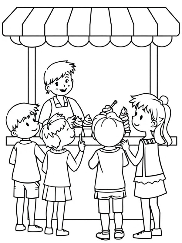 Barraca de sorvete com crianças escolhendo sabores Desenho para Colorir Barraca de sorvete com crianças escolhendo sabores Desenho para Colorir