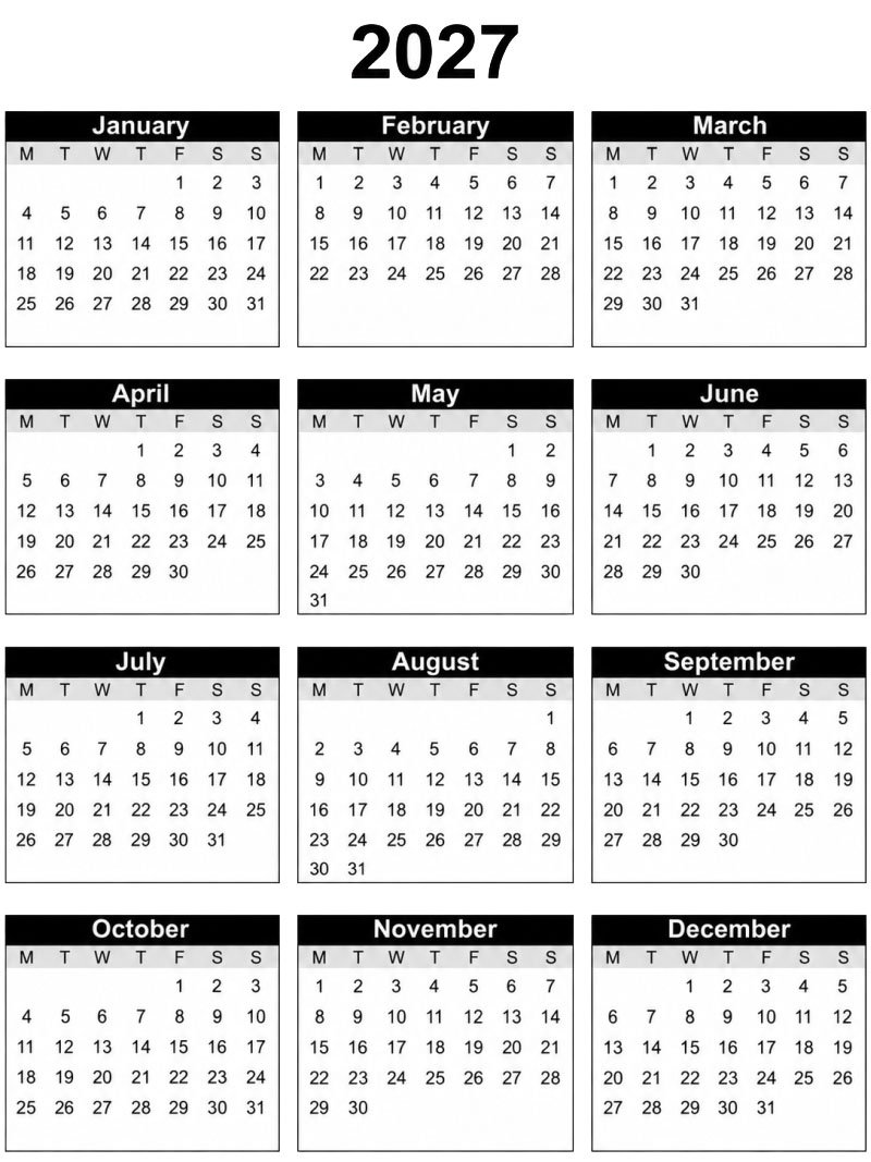 Calend&aacute;rio 2027 para imprimir Desenho para Colorir