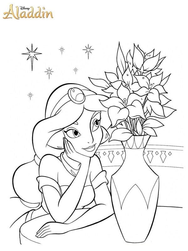 Jasmine observa um vaso com flores Desenho para Colorir Jasmine observa um vaso com flores Desenho para Colorir