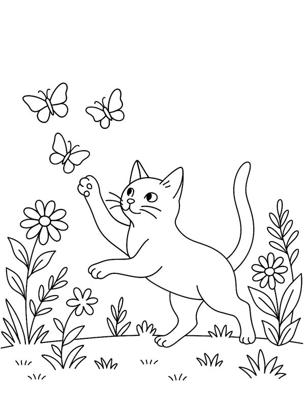 Gato perseguindo borboletas Desenho para Colorir Gato perseguindo borboletas Desenho para Colorir