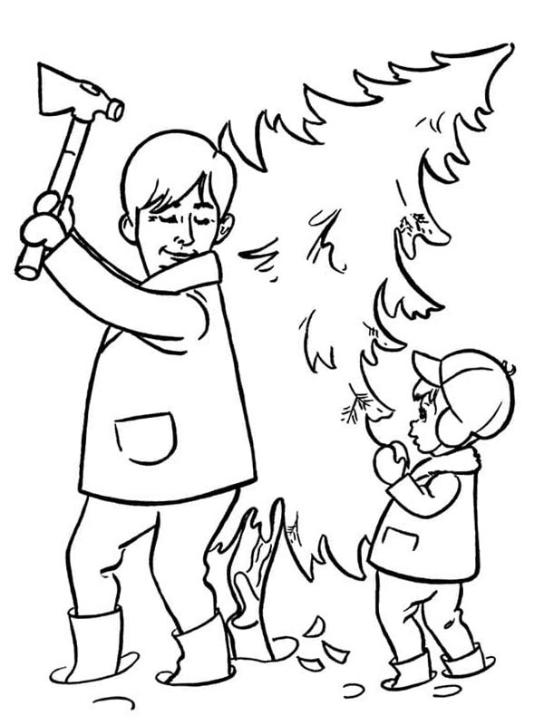 Cortando árvore de Natal Desenho para Colorir Cortando árvore de Natal Desenho para Colorir