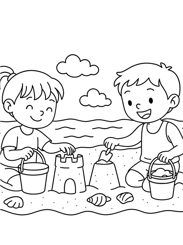 Crianças brincando na praia Desenho para Colorir Crianças brincando na praia Desenho para Colorir