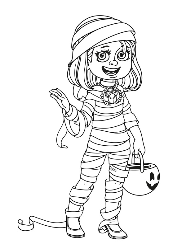 Menina fofa fantasiada de múmia com abóbora Desenho para Colorir Menina fofa fantasiada de múmia com abóbora Desenho para Colorir