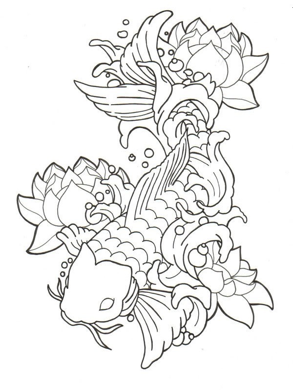 Tatuagem de lótus e peixe koi Desenho para Colorir Tatuagem de lótus e peixe koi Desenho para Colorir