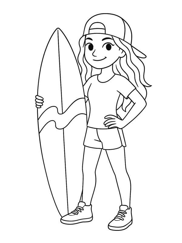 Menina com prancha de surf Desenho para Colorir Menina com prancha de surf Desenho para Colorir