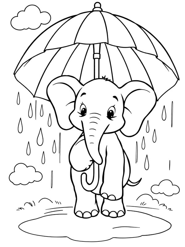 Elefante segurando um guarda-chuva na chuva Desenho para Colorir Elefante segurando um guarda-chuva na chuva Desenho para Colorir