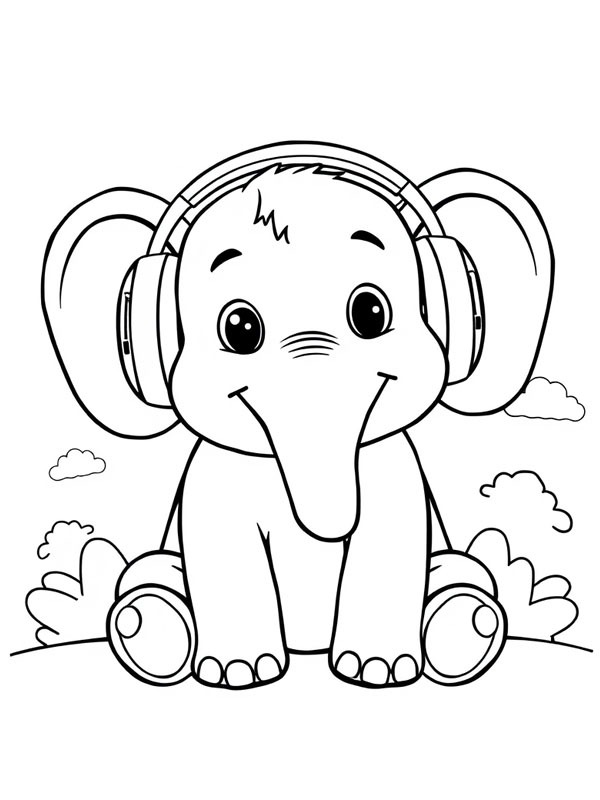 Elefante com fones de ouvido Desenho para Colorir Elefante com fones de ouvido Desenho para Colorir