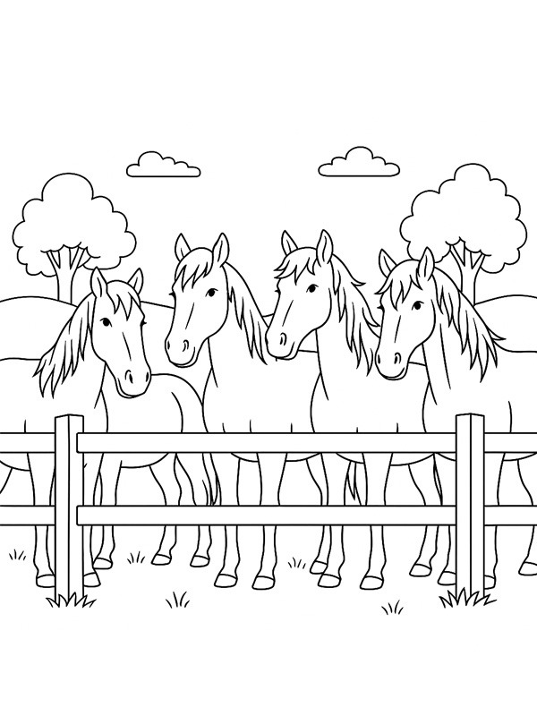 Manada de cavalos atrás da cerca Desenho para Colorir Manada de cavalos atrás da cerca Desenho para Colorir