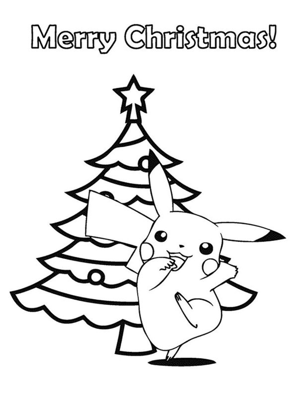 Pikachu ao lado da árvore de Natal Desenho para Colorir Pikachu ao lado da árvore de Natal Desenho para Colorir