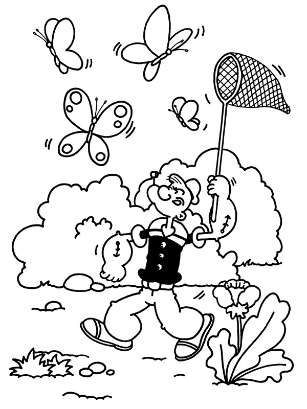 Popeye caçando borboletas Desenho para Colorir Popeye caçando borboletas Desenho para Colorir