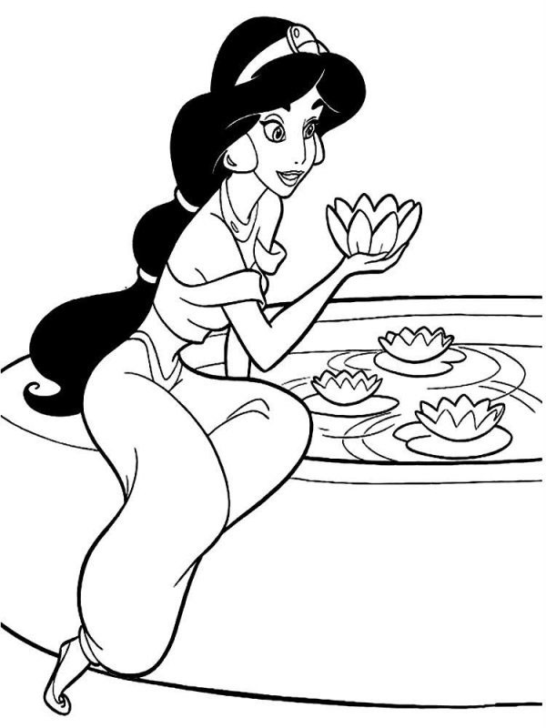 Princesa Jasmine pega uma flor de lótus Desenho para Colorir Princesa Jasmine pega uma flor de lótus Desenho para Colorir