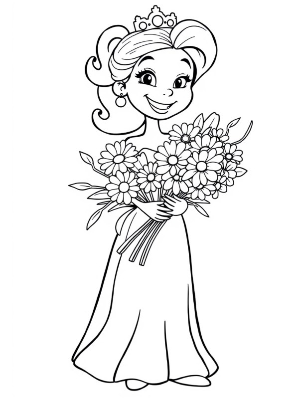 Princesa com um buquê de flores Desenho para Colorir Princesa com um buquê de flores Desenho para Colorir