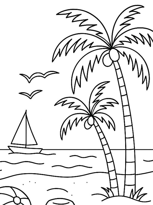 Praia com palmeiras Desenho para Colorir Praia com palmeiras Desenho para Colorir