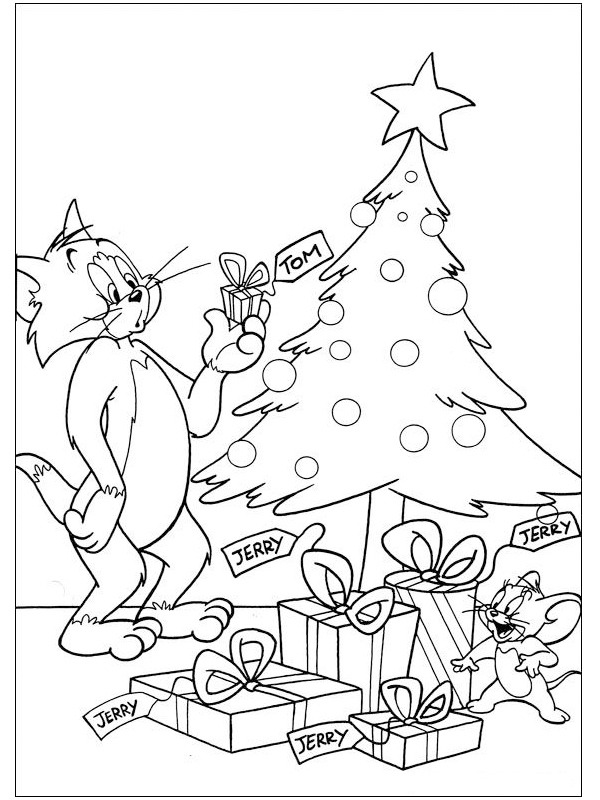 Tom e Jerry perto da árvore de Natal Desenho para Colorir Tom e Jerry perto da árvore de Natal Desenho para Colorir