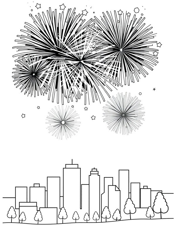 Fogos de artifício na cidade Desenho para Colorir Fogos de artifício na cidade Desenho para Colorir