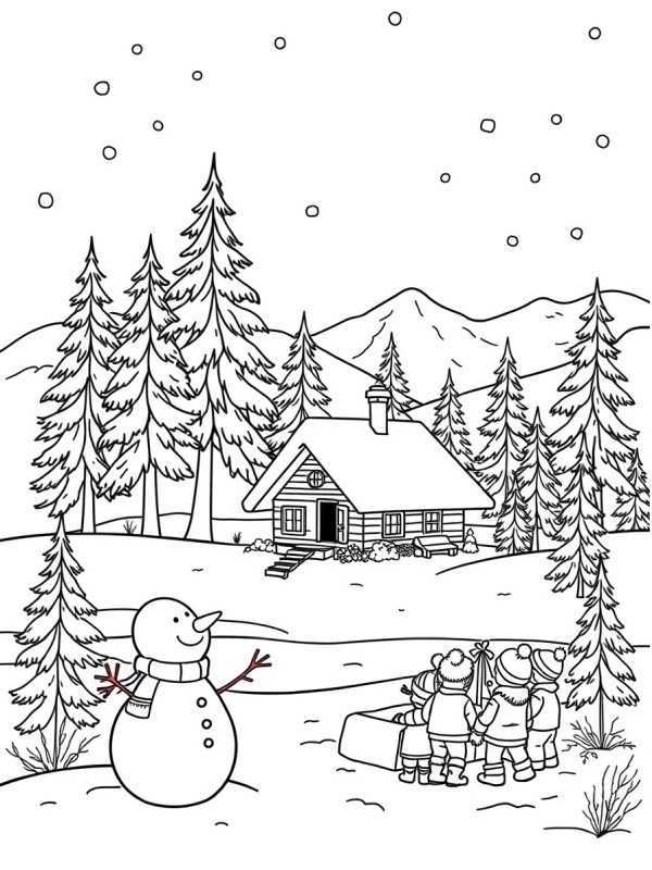 Paisagem de inverno com boneco de neve Desenho para Colorir Paisagem de inverno com boneco de neve Desenho para Colorir
