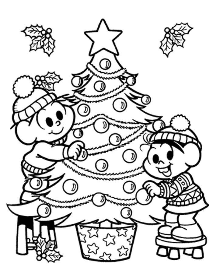 Desenho Cebolinha Mônica na Árvore de Natal - Desenho para Colorir