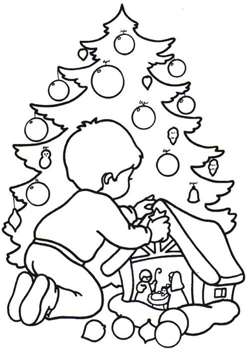 Desenho de menino de natal e árvore de natal para colorir