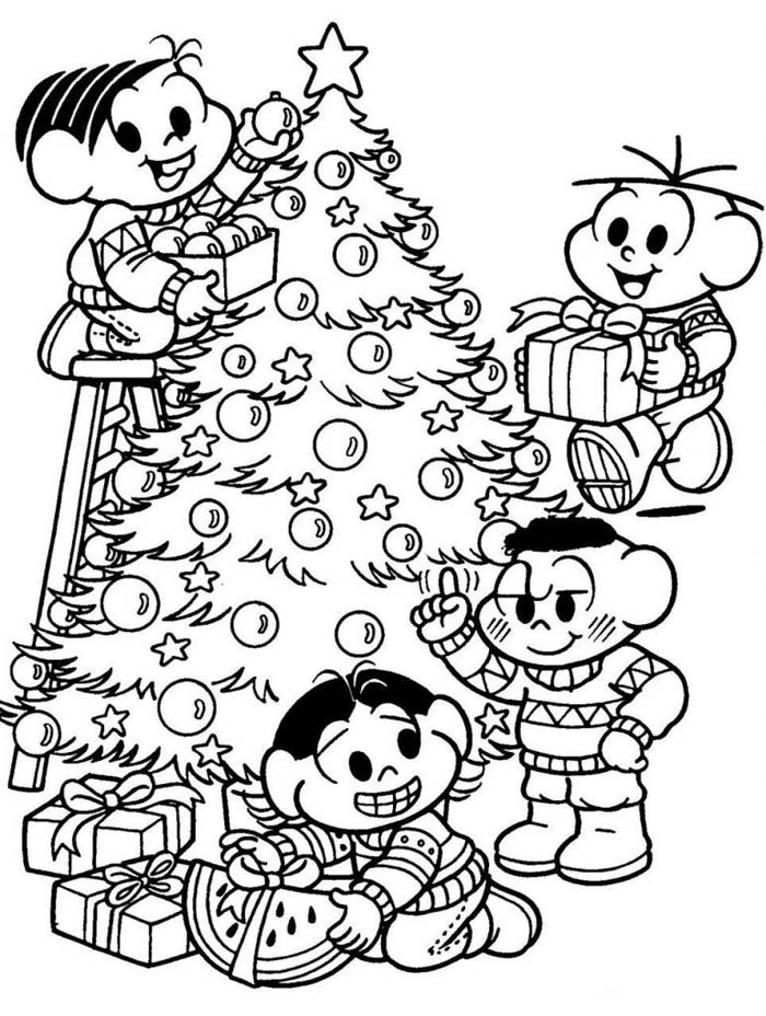 Desenho Montando Árvore de Natal para Colorir - Desenho para Colorir